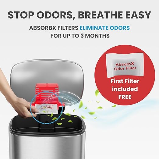 iTouchless SoftStep 13 Gallon Kitchen Trash Can with Lid and Odor Filter, Stainless Steel 50 Liter Recycling Bin for Home Office Bedroom Garage Living Room Bathroom Silent Lid Close Slim Wastebasket