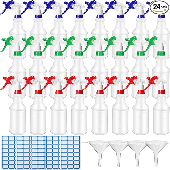 Zubebe 24 Pack 32 oz Plastic Spray Bottle Bulk Empty Leakproof Heavy Duty Spray Bottles for Cleaning Supplies Mist Bottles with Label and Adjustable Nozzle for Plant(Blue, Red, Green,Clear Scale)