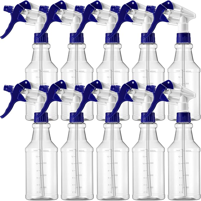 10 Pack Spray Bottles 16 oz Empty Water Spray Bottles for Cleaning Heavy Duty Refillable Squirt ‌container with Measurements Adjustable Nozzle for Household(Blue and White,Clear Style)