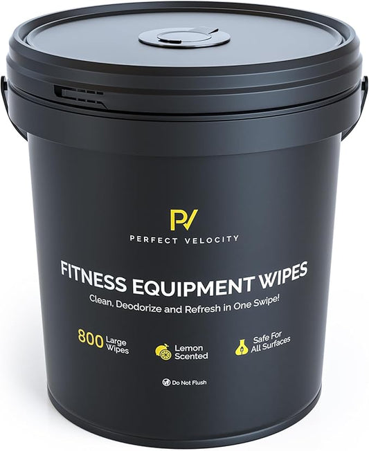 Fitness Equipment Wipes with Reusable Bucket Dispenser - 800 Pre-Moistened Lemon Scented Multi-Surface Wet Wipes - All Purpose Gym Cleaner for Yoga Mats & Exercise Equipment