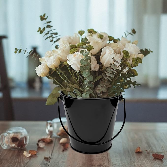 Metal Buckets with Handle - 6 Pack 4.3 Inch Small Iron Pail, Easter Bucket,Pencil Holder and Flower Pots,Craft Supply Holders for Events,School Storage and Party. (Black, 4.3" Top)