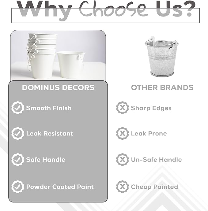 Small Metal Buckets with Handles - Leak-Proof Galvanized Pail - Multipurpose Tin Buckets for Party Favors, Organization, School, Weddings, Garden - Set of 6, White