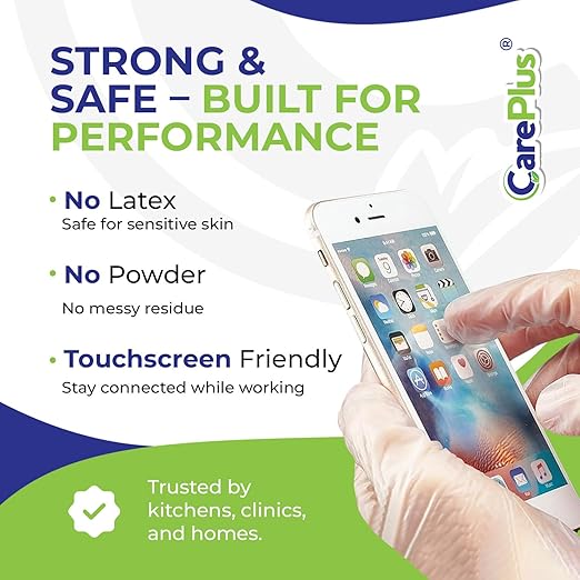 CARE PLUS Vinyl Gloves Clear Large Size 100 Count | Heavy Duty, Non-Sterile, Powder-Free, Latex-Free Rubber | Food Prep, Kitchen & Cleaning Gloves, Ideal for Professional Use