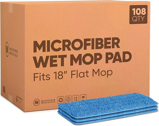 Bulk 18" Microfiber Wet Mop Pads Wholesale - Case Quantity (108 Count) | Use with Any Fastener Style Mop Frame | Machine Washable