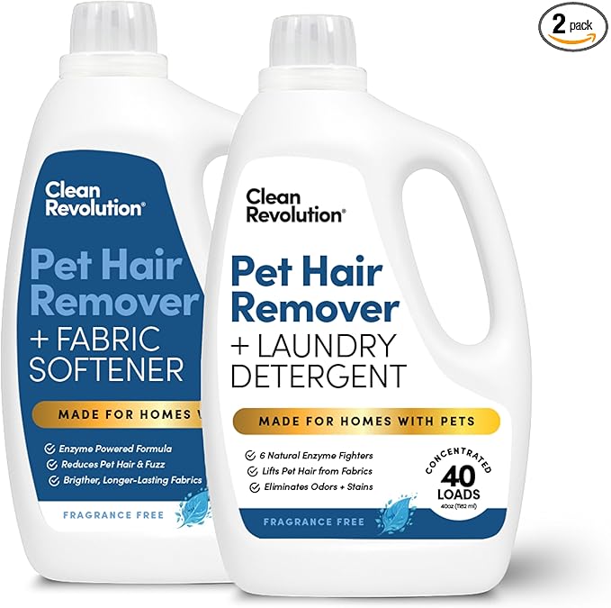 Clean Revolution Pet Hair Remover Laundry System 2-pack: Laundry Detergent + Fabric Softener with HairLift Technology, Fragrance-Free, 6 Natural Enzymes, Removes Pet Hair, Stains & Odors, 40 Oz Each
