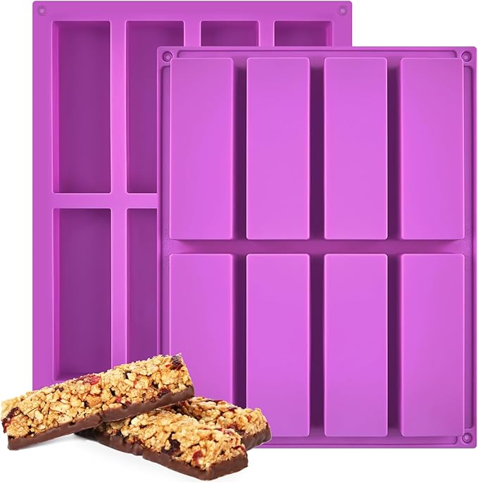 8 Cavity Granola Bar Molds, 2 Pack Rectangle Silicone Chocolate Candy Bar Molds for Baking Cereal Energy Bar, Protein Bar, Brownie, Cheesecake