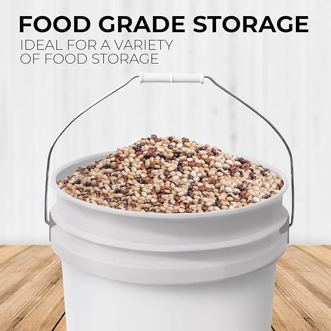 5-Gallon White Bucket Pail with Gamma Seal Screw on Airtight Lid, Heavy-Duty 90MIL Extra Durable, Food Grade, Metal Handles with Plastic Grip for Easy Carrying, Easy Stack & Store, BPA Free - 2 Pack