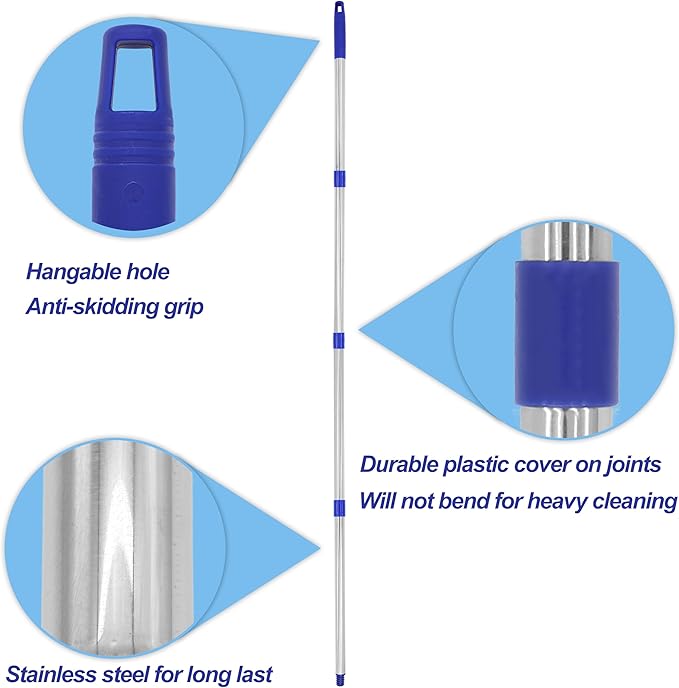 Cotton Cloth Mop, 4 Section Stainless Steel Pole + Two Cotton String Mop Heads White