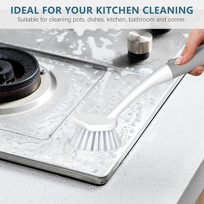 SetSail Dish Brush Set of 3 Piece, Dish Scrub Brush with Long Handle Deep Cleaning Brush with Scraper Tip for Kitchen Dishes Bottle Cup Pot Pan, Grey