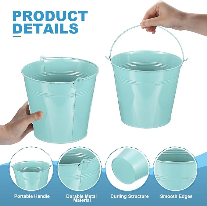 PATIKIL 7"x6.4" Small Metal Buckets with Handle, 6 Pcs Mini Galvanized Bucket Colorful Easter Buckets for Crafts Party Favors Decoration, Light Blue