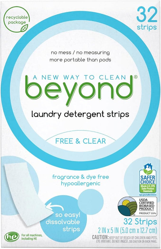Beyond Laundry Detergent Strips [32 strips] - Free & Clear - Eco-friendly, Hypoallergenic. Travel friendly. Dissolvable Strips.