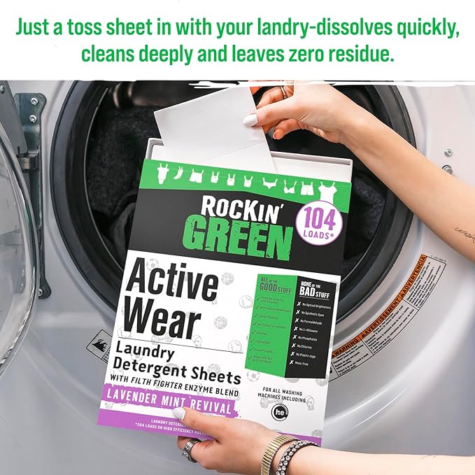 Rockin' Green Active Wear Travel Laundry Detergent Sheets - Mess-Free Laundry Sheet Detergent with Sodium Bicarbonate - Easily Dissolvable Laundry Soap Sheets (104 Loads, Lavender Mint Revival)