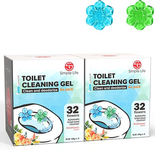 Simple Life Toilet Bowl Cleaner Gel | Fresh Flower Toilet Gel Stamp | Stops Limescale and Stains with Air Freshening Scent | Deodorizing Clean | 64 Stamps, Blue & Green