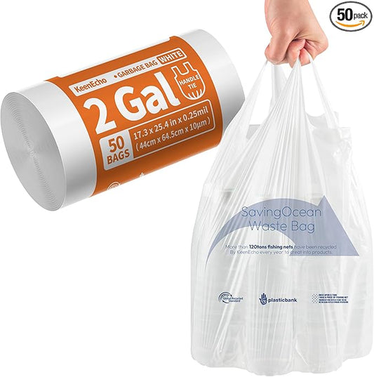 Small Trash Bags with Handles 2 Gallon 50 Count White - Ocean Plastic Upcycling - Plastic Garbage Bags, Can Bin & Waste Basket Liner for Kitchen, Bathroom, Office and Pets