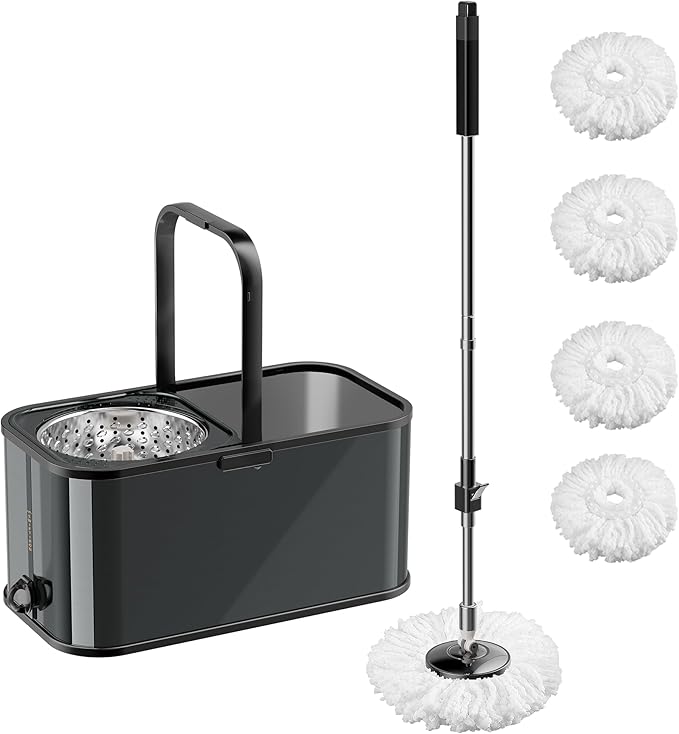 Spin Mop and Bucket with Wringer Set for Home,360° Mop and Bucket with Separate Clean and Dirty Water,Wet Dust Mop for Floor Cleaning with Extra Refills (Black)