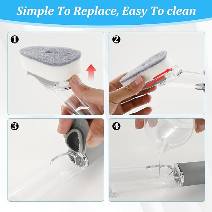 Dish Brush with Soap Dispenser Set, 3 PCS Soap Dispensing Dish Brush with 2 Sponges, Can Be Used to Wash Dishes Pots Pans Plates Cutting Boards Sinks Kitchen Utensils
