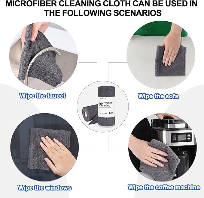 Microfiber Cleaning Cloths Roll, 100-Pack 11.5x11.5 Inch, Tear Away Microfiber Towels, Reusable Microfiber Towels for Cars, Wash Cloths, House, Kitchen, Window, Cleaning Supplies (Grey-100pcs)