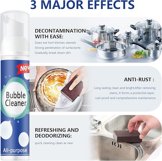 (100ML*3PCS) Bubble Cleaner Foam,Foaming Heavy Oil Stain Cleaner,All-Purpose Rinse-free Cleaner Spray,Kitchen Deep Cleaning Spray,Powerful Stain,Stubborn Grease & Grime Remover Bubble Spray