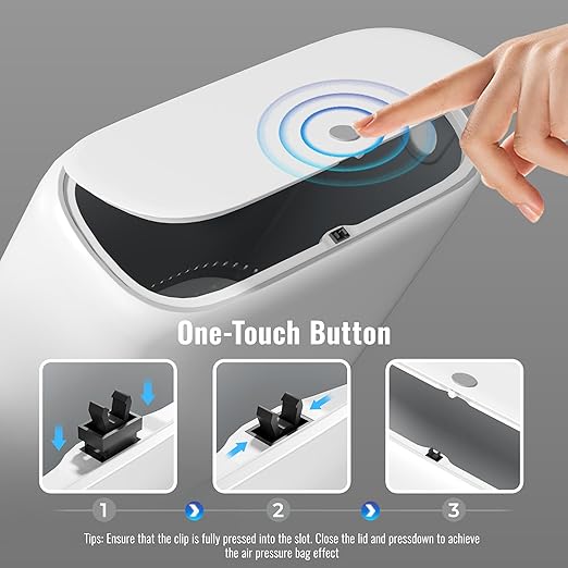 Spreezy Bathroom Trash Can with Lid, 2.3 Gallons / 8.6 L Small Waste Basket, Pneumatic Adhesion Style Garbage Can for Kitchen, Bedroom, Living Room, Office, Trash Bin Includes 5 Rolls of Trash Bags