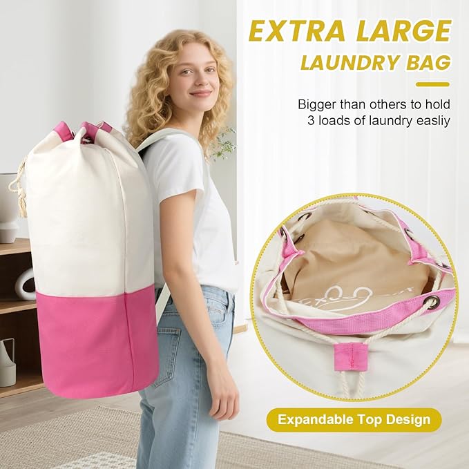 Single-shoulder backpack-style laundry bag with shoulder strap and pockets, made of durable canvas material, with drawstring closure design, suitable for college, travel, laundromats, and apartments.
