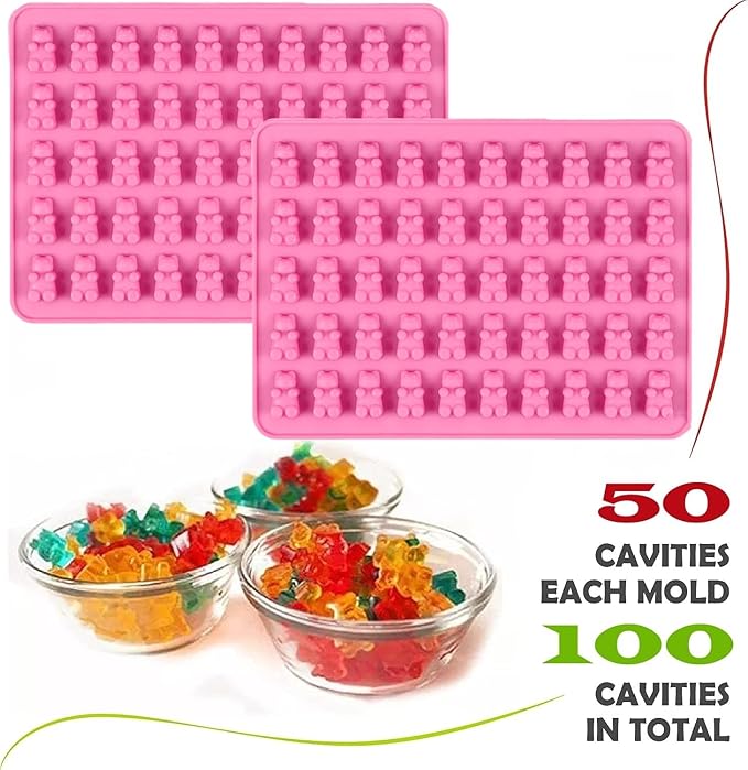 2 Piece Gummy Bear Silicone Molds, Non-Stick Chocolate Candy Mold with 2 Droppers Food Grade (Pink)