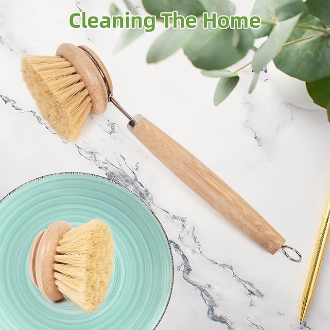 Eco-Friendly Kitchen Brush Set, Bamboo Dish Brush with Handle 3 Replacement Heads, Vegetable Scrubber Natural Sisal Fiber for Effective Cleaning Non-Stick Pans, Pots, Utensils