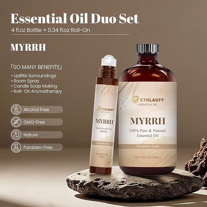 Myrrh Essential Oil (4 fl.oz Bottle + 0.34 fl.oz Roll-On) — Myrrh Oils for Aromatherapy, Diffusers, Humidifiers, Home fragrances, DIY Skincare, Candle, Soap Making, Relaxation, Yoga