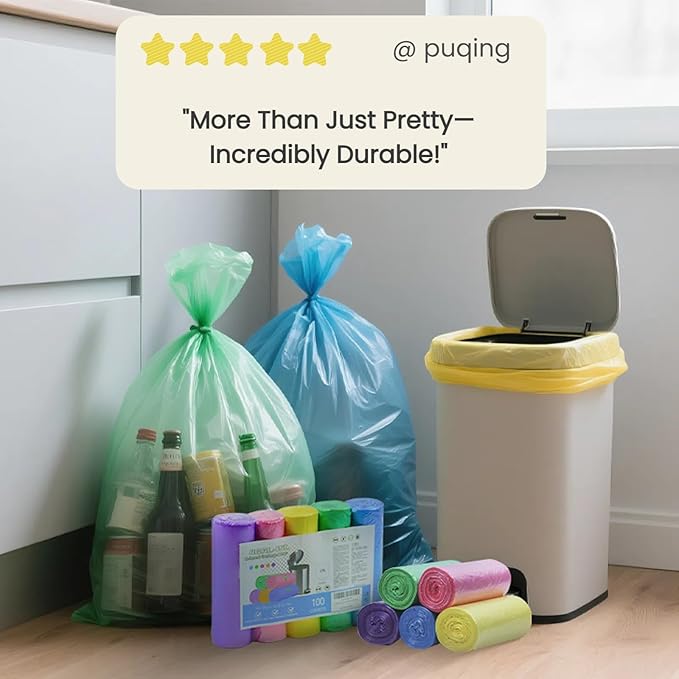 4 Gallon Small Kitchen Trash Bags – 100 Count Bathroom Colorful Flat Top Unscented Garbage Bags, Tear-Resistant Plastic Liners for Bathroom, Kitchen, Office, Bedroom, Fits 15L Trash Cans