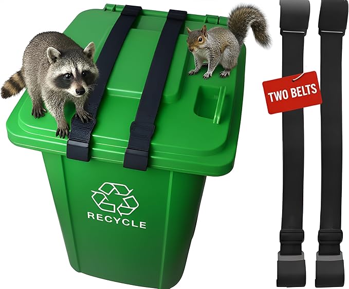 Premium 2 Trash Can Locks for Animals Garbage Straps Lid Wheelie Bin Locks Enclosure Cans Clips Out Raccoon Raccoons Hide Outside Strap Resistant Security Critter Trashcan Deterrent