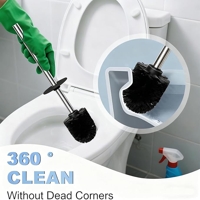 Toilet Brush and Holder Set, NEWRAIN Stainless Steel Toilet Brush with Long Brush Handle, Brushed Nickel Toilet Scrubber and Covered Holder, Round Design Sturdy and Space Saving, Covered Brush