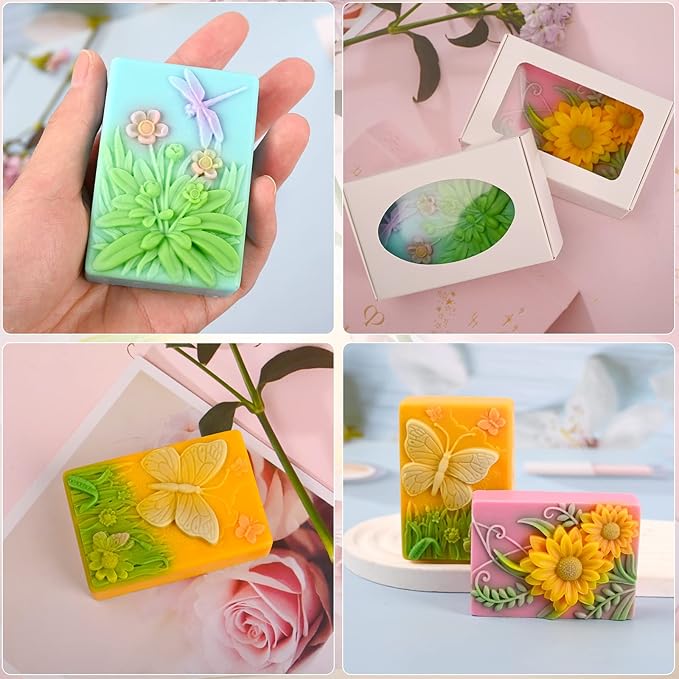Moukiween Soap Molds Silicone, 3D Rectangular Insect Flower Silicone Molds for Handmade Craft Soap, Bath Bombs, Chocolate Bars, DIY Candle, Polymer Clay Design