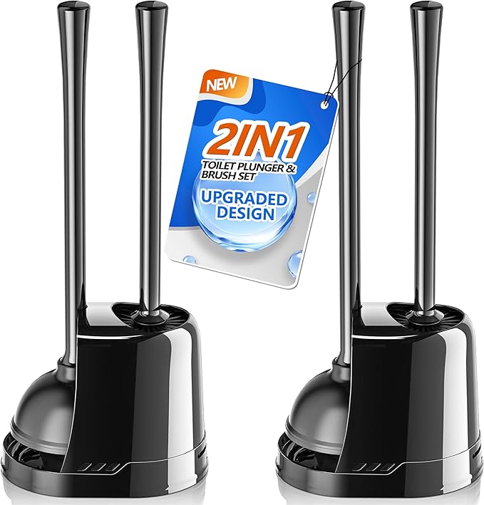 Toilet Plunger and Brush,2 Pack Bowl Brush and Heavy Duty Toilet Plunger Set with Ventilated Holder, 2-in-1 Toilet Brush and Plunger Combo for 5.3-inch Toilet Drain Bathroom Cleaning