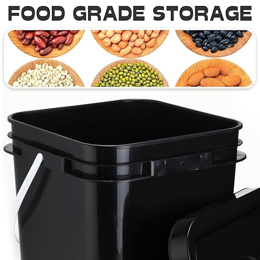 Vesici 6 Pcs 5 Gallon Food Grade Square Buckets with Lids 5 Gal Plastic Food Storage Square Bucket Heavy Duty Industrial Pail Container with DIY Label Stickers Handles for Water Painting(Black)