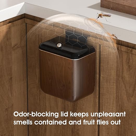 Vintage Kitchen Trash Can with Lid, Large 3.2 Gallon/12 Liter Capacity, Hanging Compost Bin, for Under Sink or Cupboard, Bathroom, Bedroom, Walnut Color