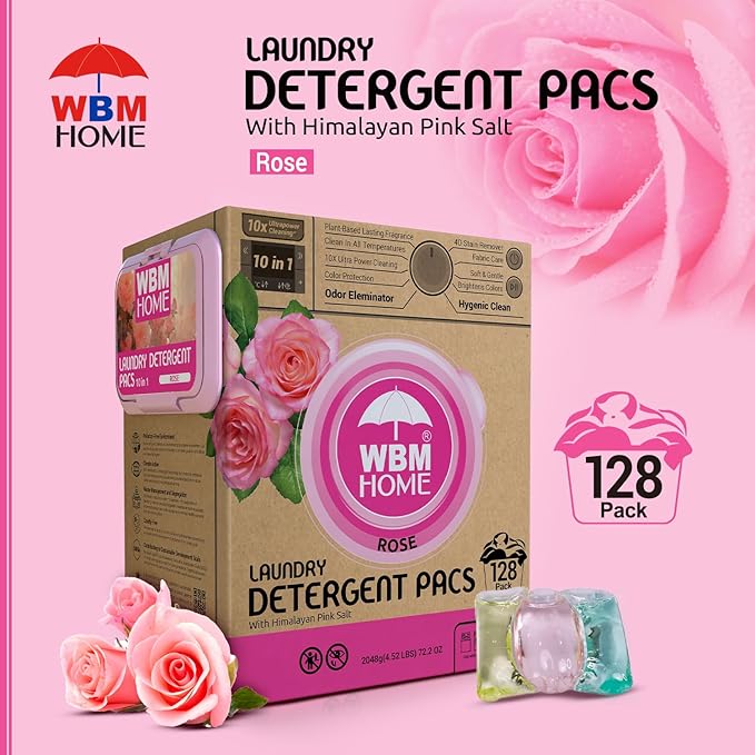 WBM 10-in-1 Laundry Pods, Total 128 Count, High Efficiency, Ultra Concentrate with Powerful Stain Lifter Technology, Fabric Softener With Rose Extracts, Detergent Pods