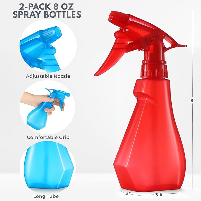 DilaBee Plastic Spray Bottles - 8oz (2 Pack) Water Spray Bottle for Hair, Gardening, Grilling & Cleaning Solution - Empty Spray Bottles for Pet Correction - Spray Bottle BPA Free (Blue-Red)