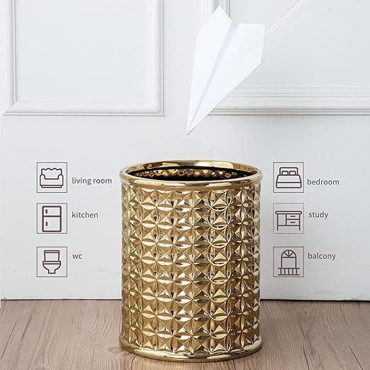 Gold Ceramic Trash Can - Round Waste Bin for Bathroom Vanity & Kitchen Desk, Durable Small Garbage Can with Lid, Modern Home Office Decor, Space-Saving Design