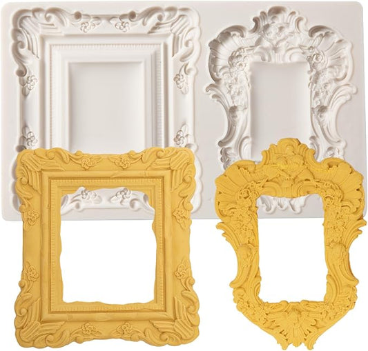 Baroque Photo Frame Silicone Mold, European Relief Scroll Frame Fondant Mold, for Baroque Cake Decoration, Modeling Clay, Resin Crafts, Desktop Ornaments, Reusable
