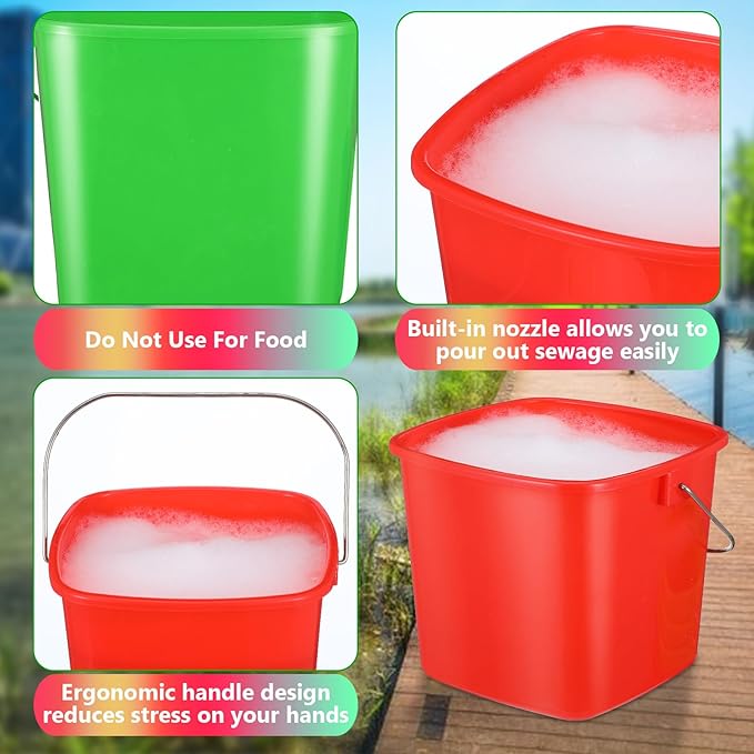6 Pcs 3 Quart Cleaning Bucket Small Square Bucket Detergent Pail for Home Commercial Restaurant Kitchen Office School (Green, Red)