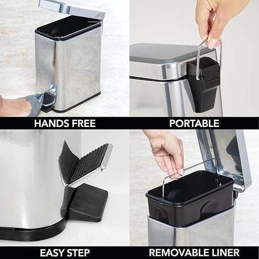 mDesign Small Modern 1.3 Gallon Rectangle Metal Lidded Step Trash Can, Compact Garbage Bin with Removable Liner Bucket and Handle for Bathroom, Kitchen, Craft Room, Office, Garage - Chrome