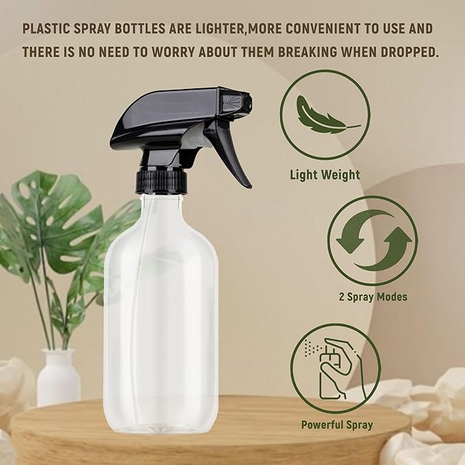 Plastic Spray Bottles 3 Pack, Chemical Resistance Refillable 16 oz Empty Spray Bottle for Cleaning Solution, Durable and Powerful Nozzle, Spray Bottles for Hair, Plants, Cleaner, Oil