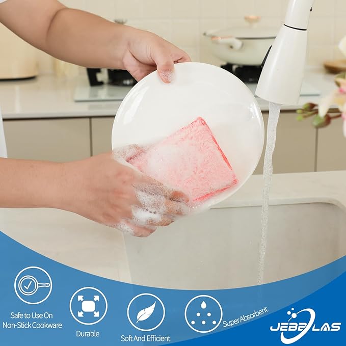 JEBBLAS 8Pack Bamboo Natural Kitchen Sponges Dish Sponge Cleaning Sponge Heavy Duty Scrub Sponge for Cleaning Kitchen and Household Pink