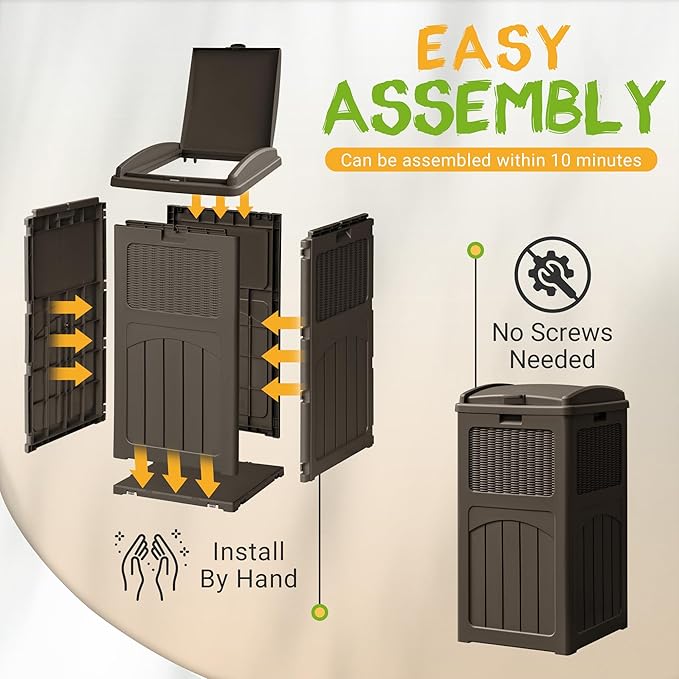 YESHOMY 2 Pack Outdoor Trash Can with Lid, Garbage Bins for Garden, Porch, Home and Kitchen, Brown