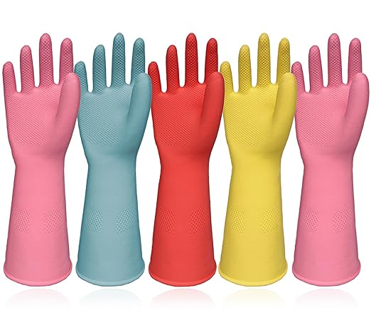 Cleaning Gloves Dishwashing Gloves - 5 Pairs Kitchen Dish Gloves Colorful Rubber Reusable for Household Washing Dishes Cleaning Gardening, Non-Slip for Women Men Small