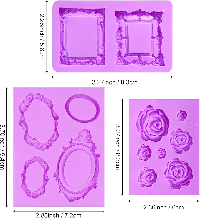 Picture Frame Chocolate Molds, Baroque Vintage Mirror Frame Fondant Molds, Photo Frame Rose Silicone Baking Molds for Cake Decoration Sugar Gum Paste Candy Cookies Resin Clay Set of 3
