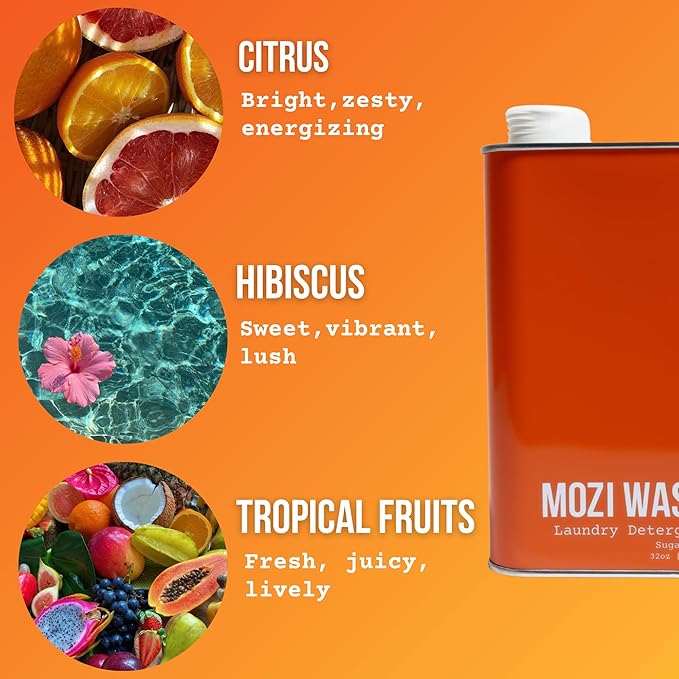 Mozi Wash Laundry Detergent Liquid, Sugar Dew- Citrus & Hibiscus, 50+ Loads, Non toxic, Plant Based Enzyme Cleaners, Phosphate & Paraben Free, Long Lasting Luxury Clean, 32 oz Recyclable Bottle