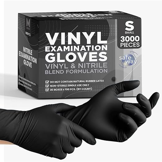 Nitrile-Vinyl Blended Disposable Gloves, Powder-Free & Non-Latex Gloves, 3000, Protective Gloves for Medical Exams, Cooking & Household Cleaning, 4 Mil Thick Non-Sterile Secure Grip Black, Small