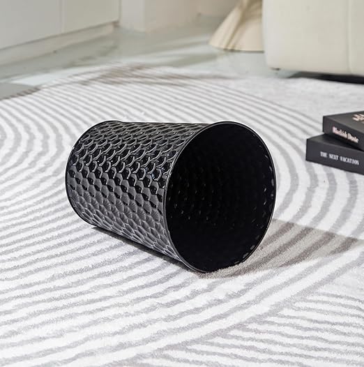 Small Metal Trash Can Wastebasket, Decorative Honeycomb Garbage Can Waste Basket, Modern Farmhouse Round Trash Bin for Bathroom, Bedroom, Kitchen and Office (Black)