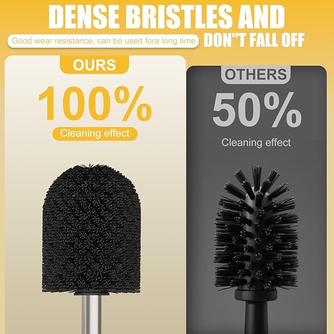BESy Toilet Brush and Holder, Toilet Cleaner Bowl Set with Two Brush with Extra Long Handle, Durable Bristles Toilet Scrubber and Covered Holder, Drip-Proof Stainless Steel Brushed Nickel