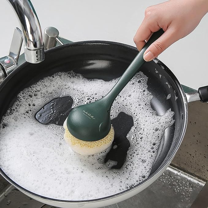 Kitchen Dish Scrubber with Long Handle, Heavy Duty Scrubbing Brushes for Dishes, with Plastic Replacement for Cleaning Kitchen, Pots, Pans, Grills (Long Handle Green)